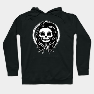 Female Knitter Skull and Knitting Needles White Logo Hoodie